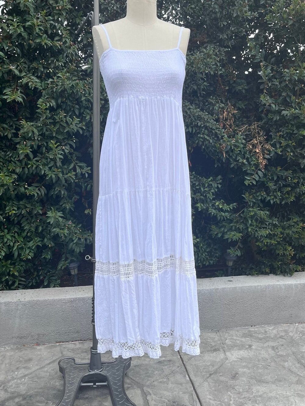Fairy White Boho Maxi Dress Smocked Bodice Lace Trim Sleeveless Cottagecore Fem